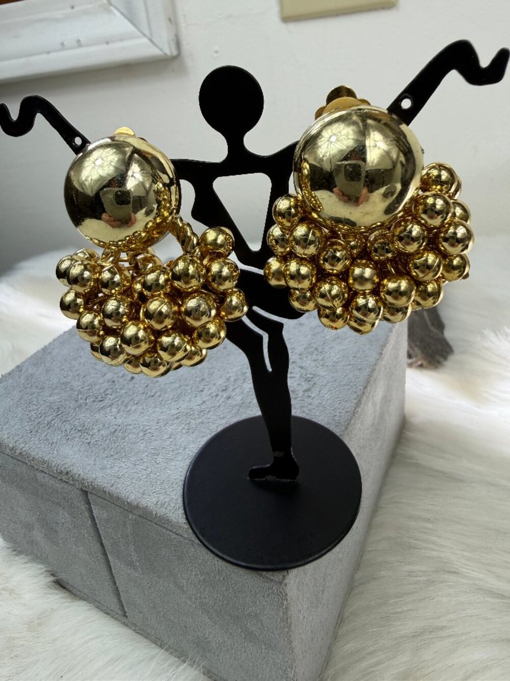 Vintage Gold Tone Cha Cha Beaded Clip-on Earrings  1.75"